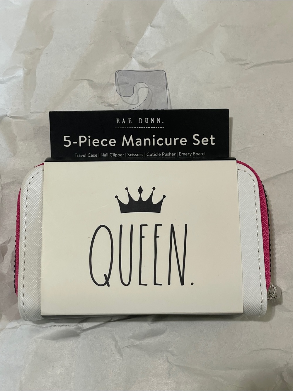 Rae Dunn QUEEN 5-Piece Manicure Set in White & Pink